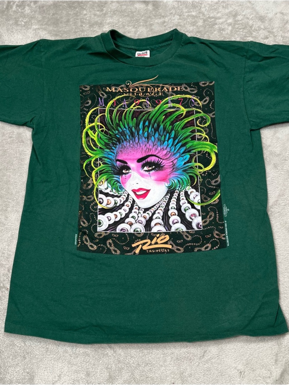 VTG Las Vegas Masquerade Tee Men L Green Single Stitch 1996 Andrea Mistretta Rio